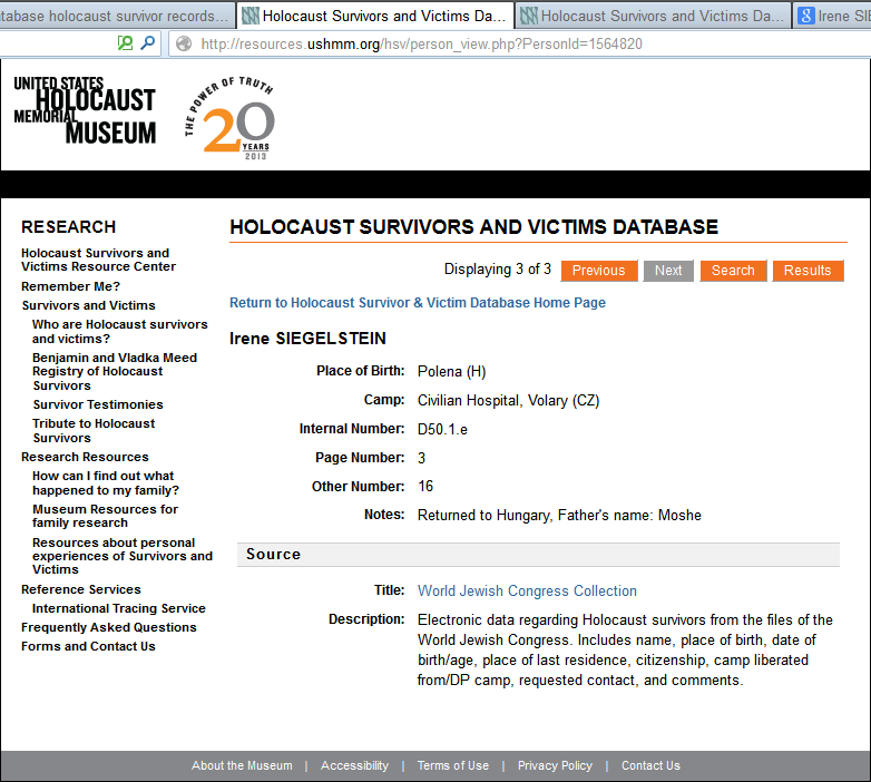 Siegelstein - Holocaust survivor database