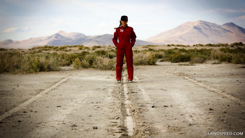 Jessi Combs on the desert after a run in the North American Eagle Project car