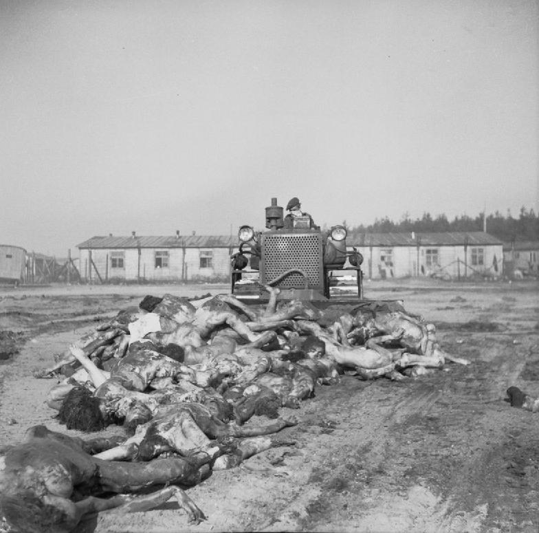 Bodies of holocaust victims being bull-dozed into pit