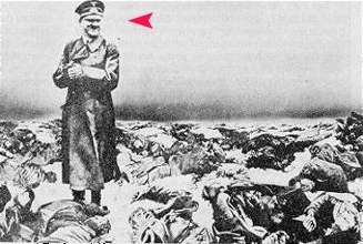 Hitler stands proudly amidst Jewish holocaust victims.