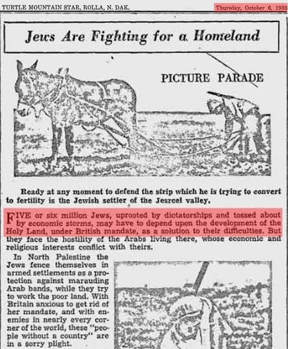 Turtle Mountain Star, 6 million Jews, 1938