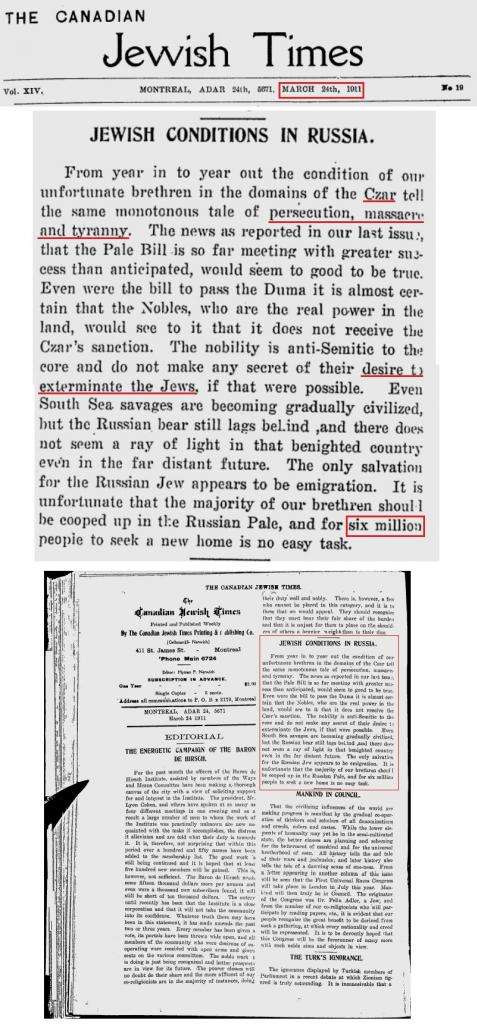'6 Million Jews' - The Canadian Jewish Times, 1911