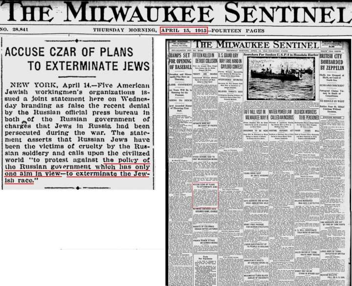 Jews predict their extermination - The Milwaukee Sentinel, 1915