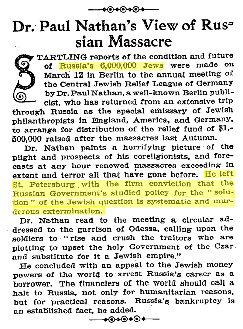 Dr. Paul Nathan's View of Russian Massacre, New York Times, 1906