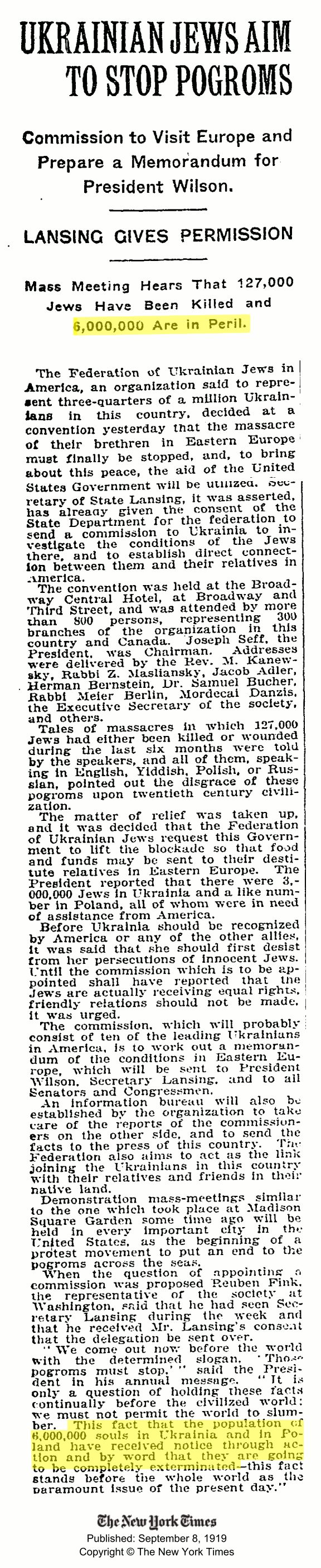 Ukrainian Jews Aim to Stop Pogroms, New York Times, 1919