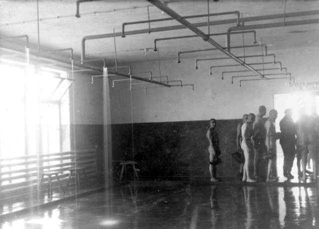 Auschwitz-Birkenau prisoners exiting the showers, 1942