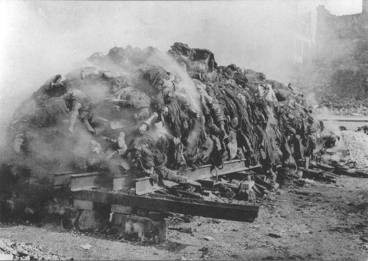 German civilian corpses being burned after the allied bombing of Dresden.