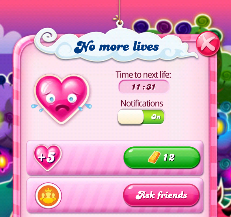 Candy Crush screen of being shoved a buyable set of lives